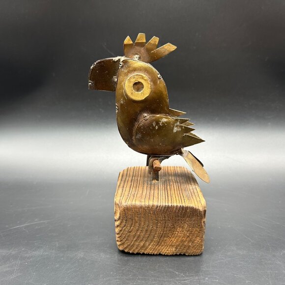 Brutalist Metal Parrot Bird Figurine Wood Statue Mixed Medium Art Brown Retro - Picture 2 of 11